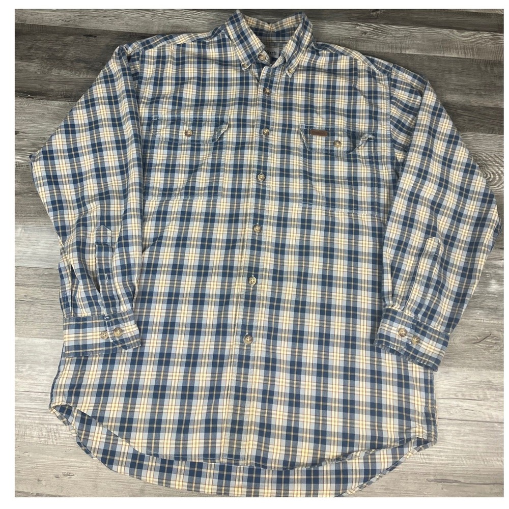 Carhartt Mens Blue Tan Plaid Cotton Long Sleeve Button Down Work Shirt Medium